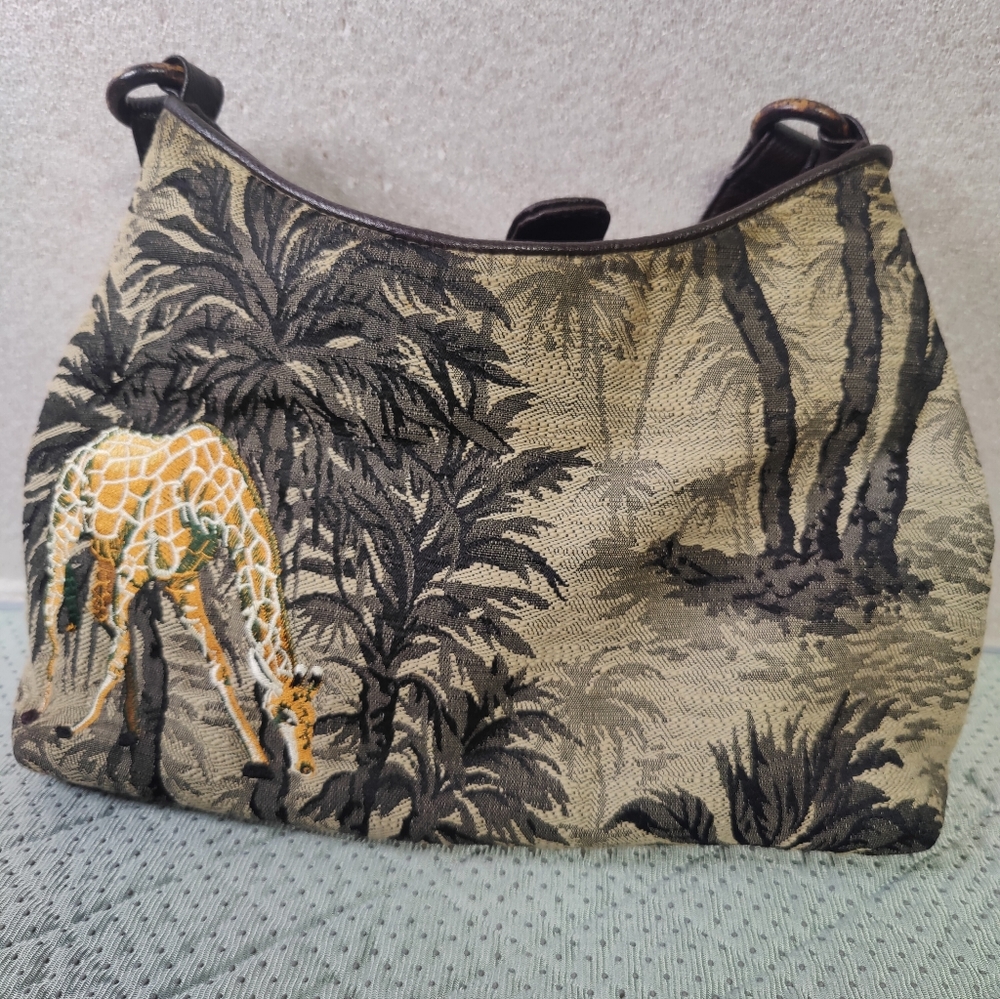 Giraffe Bueno Tapestry Handbag Shoulder Bag Tote Purse Brown Beige Jungle